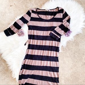Charlotte Russe Body Con Brown and Black Striped Knee Length Dress 3/4 Sleeve